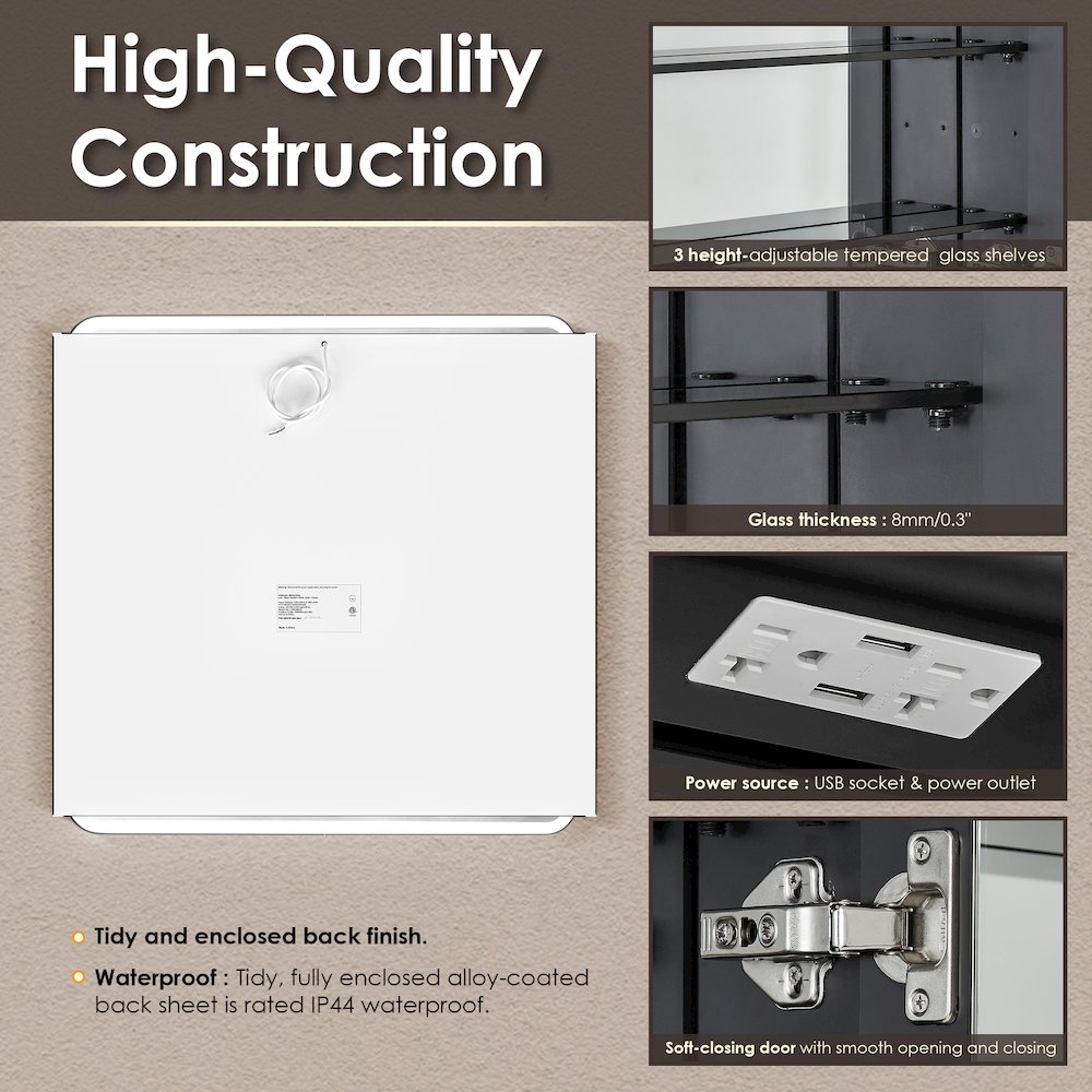 36"x32" Rectangular Bathroom Black Aluminum Mirror Medicine Cabinet. Picture 16