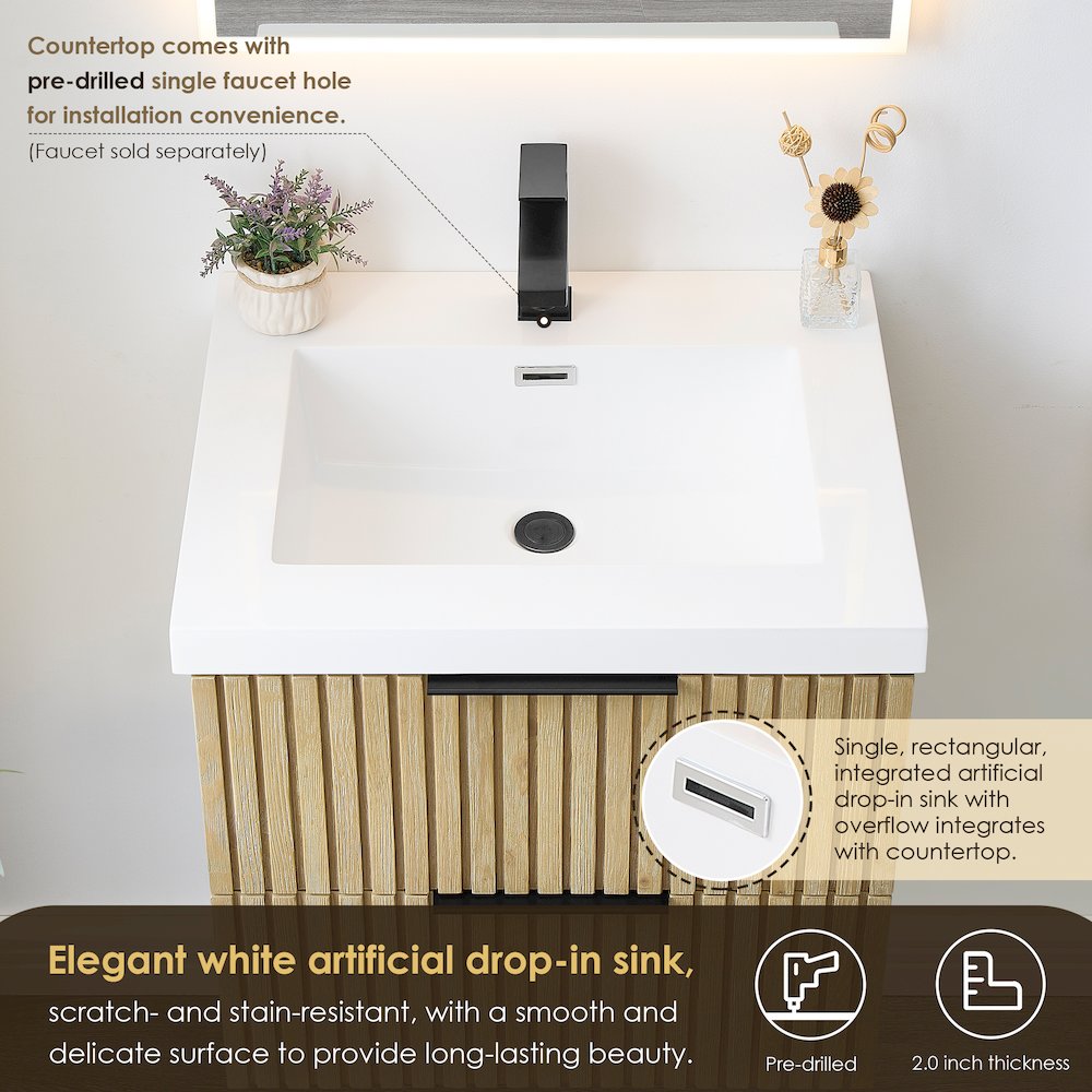 Single Bathroom Vanity in Nature Brown White Artificial Drop-in Sink. Picture 5