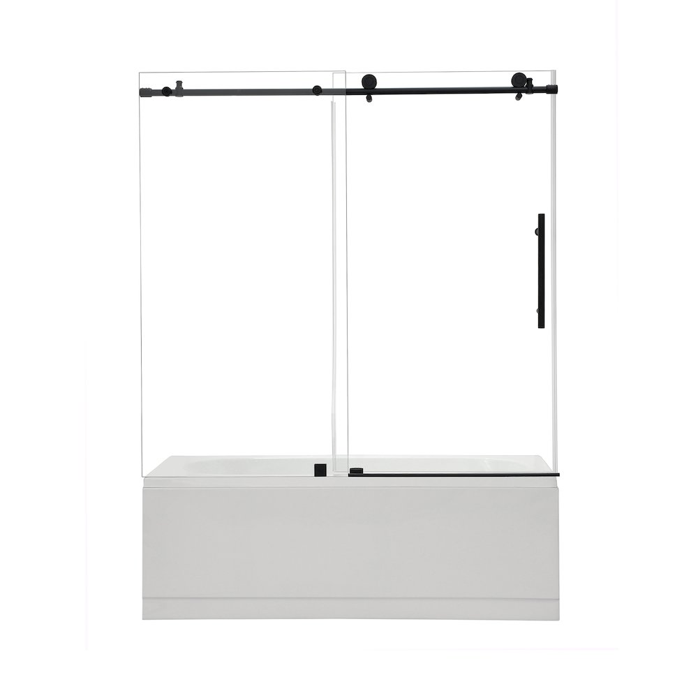 Single Sliding Frameless Tub Door in Matte Black with Clear Glass. Picture 1