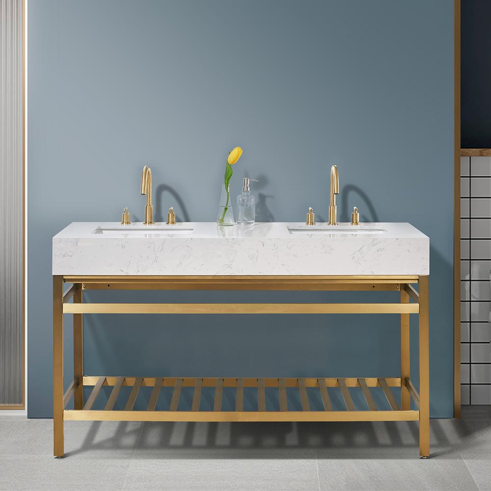 60" Double Stainless Steel Vanity Console in Brushed Gold without Mirror. Picture 4
