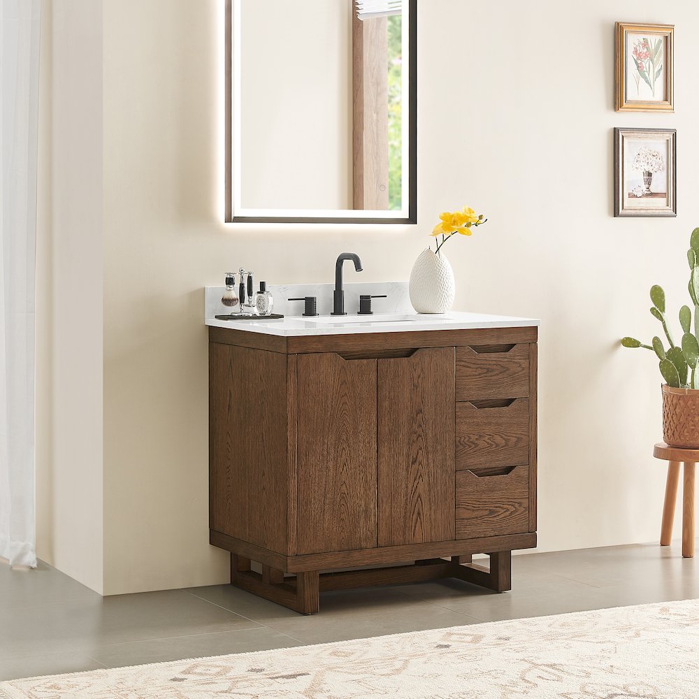 36" Single Bathroom Vanity in Brown Brushed Oak with Grain White. Picture 3