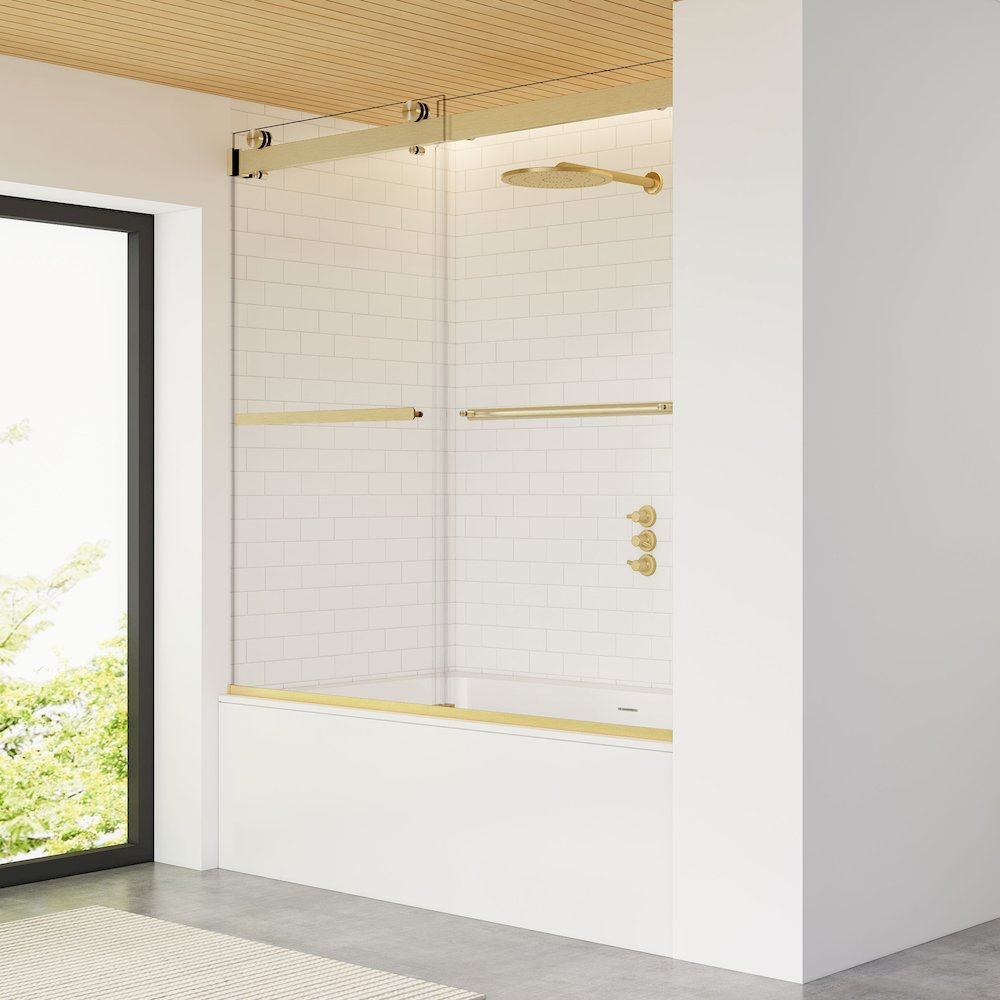 By Pass Frameless Tub Door in Brushed Gold with Clear Glass. Picture 3