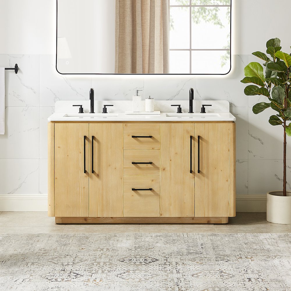 60" Double Bathroom Vanity in Nature Brown with Grain White. Picture 2