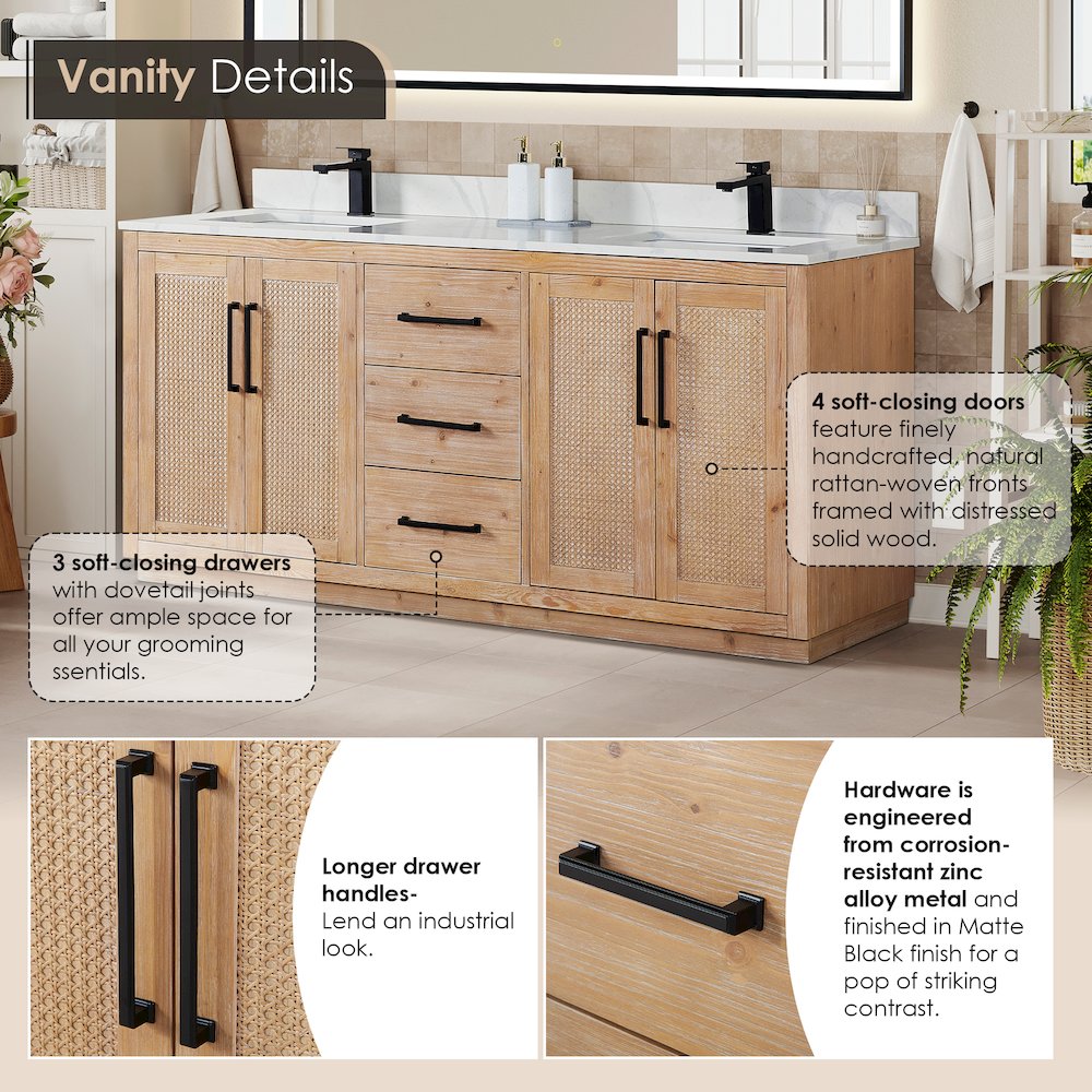 72" Double Bathroom Vanity with Calacatta White Quartz Countertop without Mirror. Picture 8