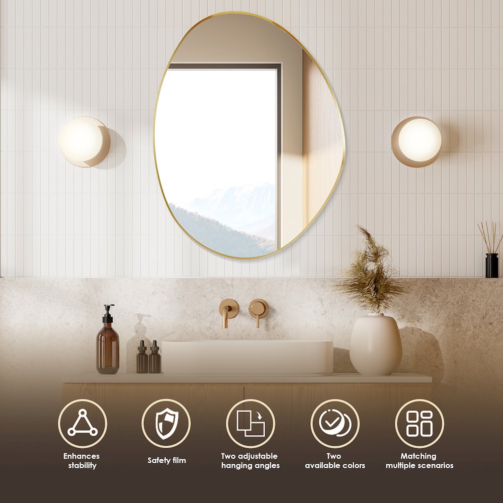 28"x36" Irregular Aluminum Framed in Brushed Gold Modern Bathroom Wall Mirror. Picture 7
