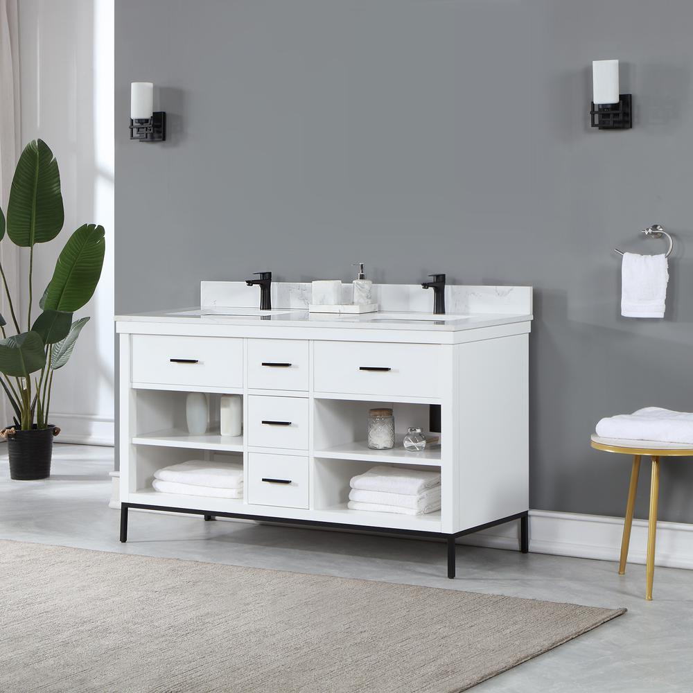 60" Double Bathroom Vanity Set in White without Mirror. Picture 4