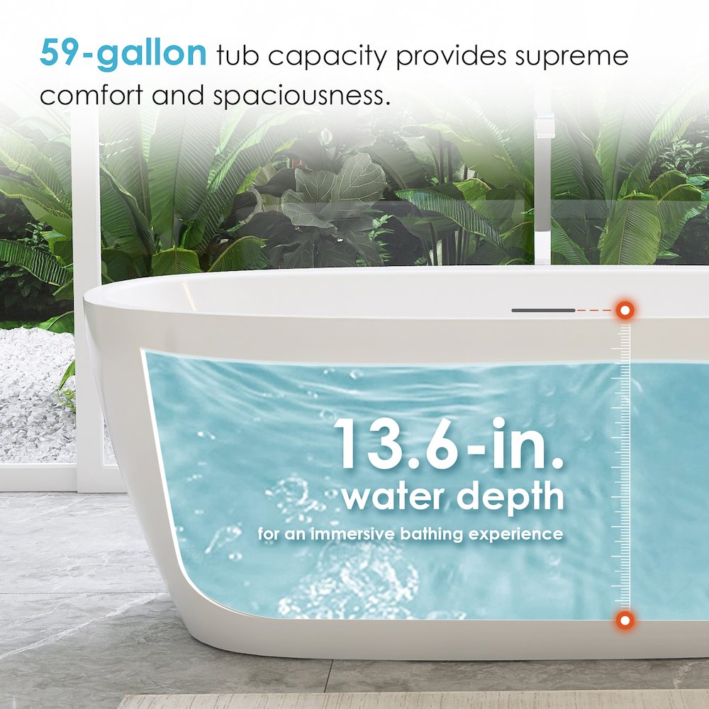 59" x 32" Flatbottom Freestanding Acrylic Soaking Bathtub in Glossy White. Picture 13