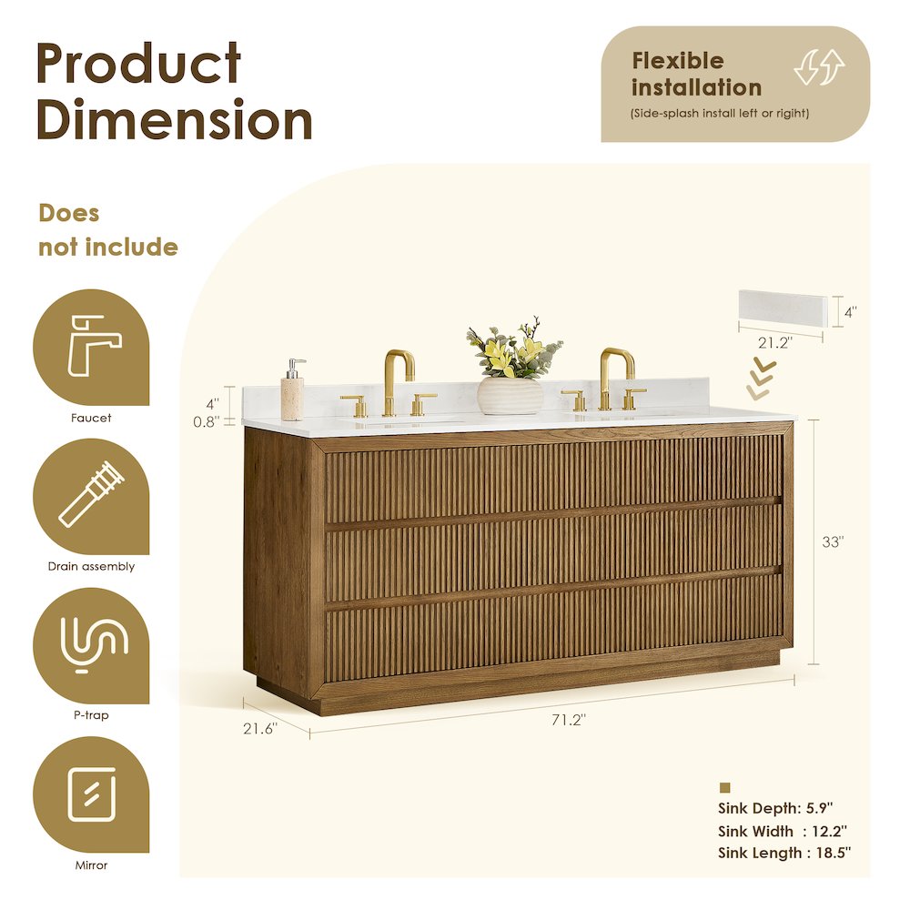 Navan 72" Double Bathroom Vanity in Weathered Brown. Picture 12