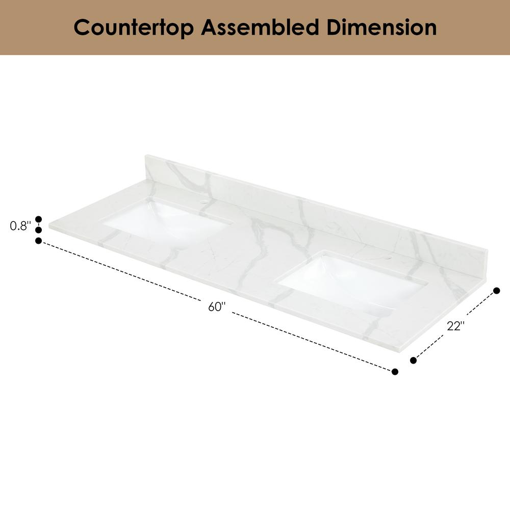 Arbios 60. in Quartz Stone Vanity Top in Calacatta White with White Sink. Picture 7