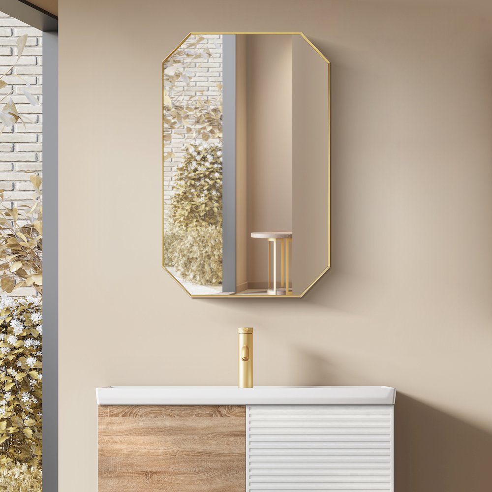 24"x36" Octagon Aluminum Framed in Brushed Gold Modern Bathroom Wall Mirror. Picture 3