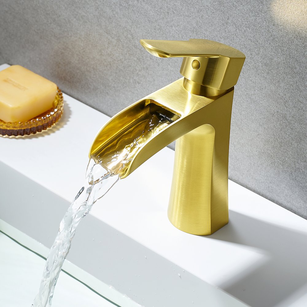 Single Hole Single-Handle Waterfall Bathroom Faucet in Brushed Gold. Picture 4