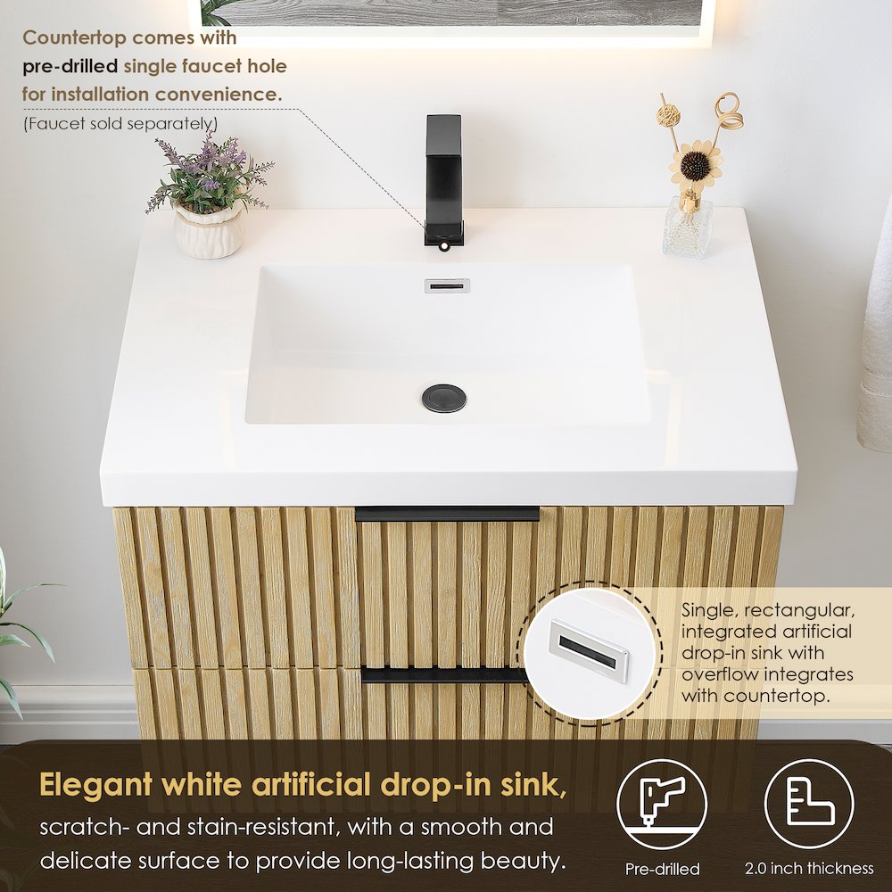Single Bathroom Vanity in Nature Brown White Artificial Drop-in Sink. Picture 6
