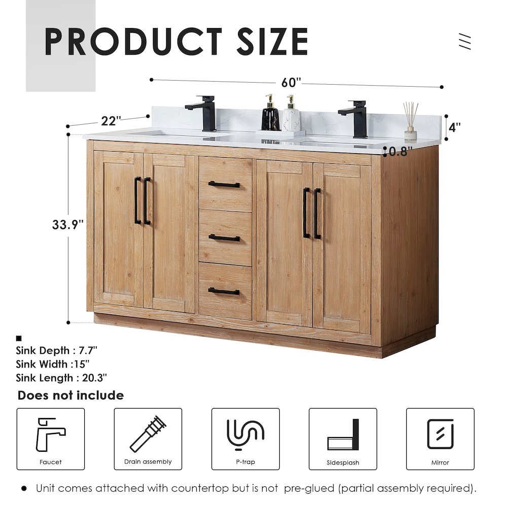 60" Double Bathroom Vanity with Grain White Countertop without Mirror. Picture 10