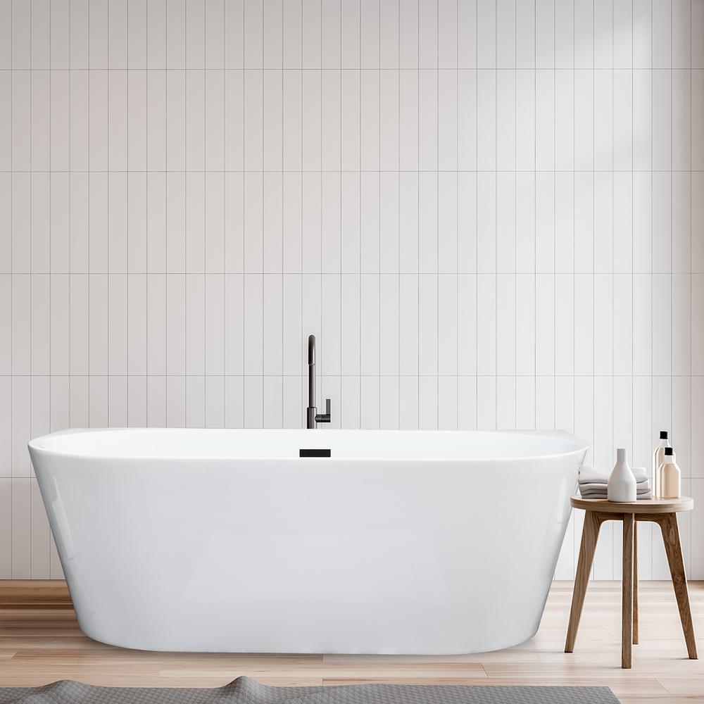 Satchi 67" x 32" Flatbottom Freestanding Acrylic Soaking Bathtub in Glossy White. Picture 11