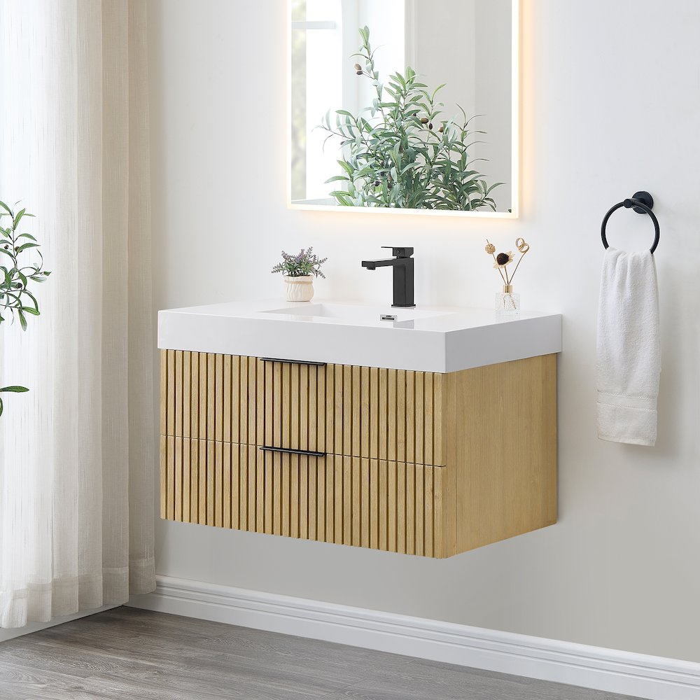 Single Bathroom Vanity in Nature Brown White Artificial Drop-in Sink. Picture 3