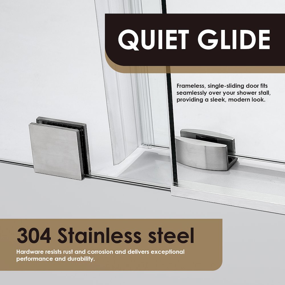 Single Sliding Frameless Shower Door in Brushed Nickel with Clear Glass. Picture 7