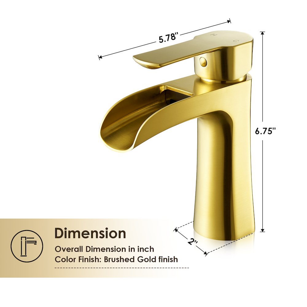 Single Hole Single-Handle Waterfall Bathroom Faucet in Brushed Gold. Picture 12