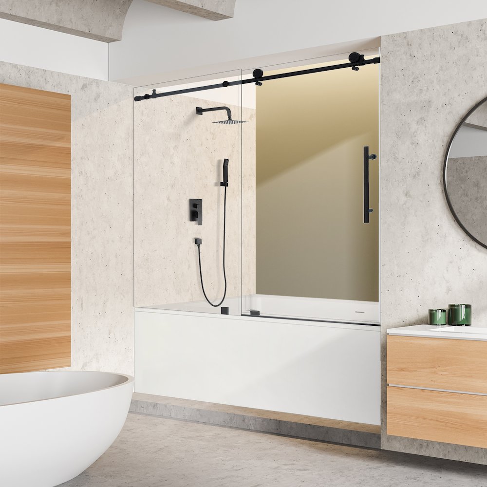 Single Sliding Frameless Tub Door in Matte Black with Clear Glass. Picture 4
