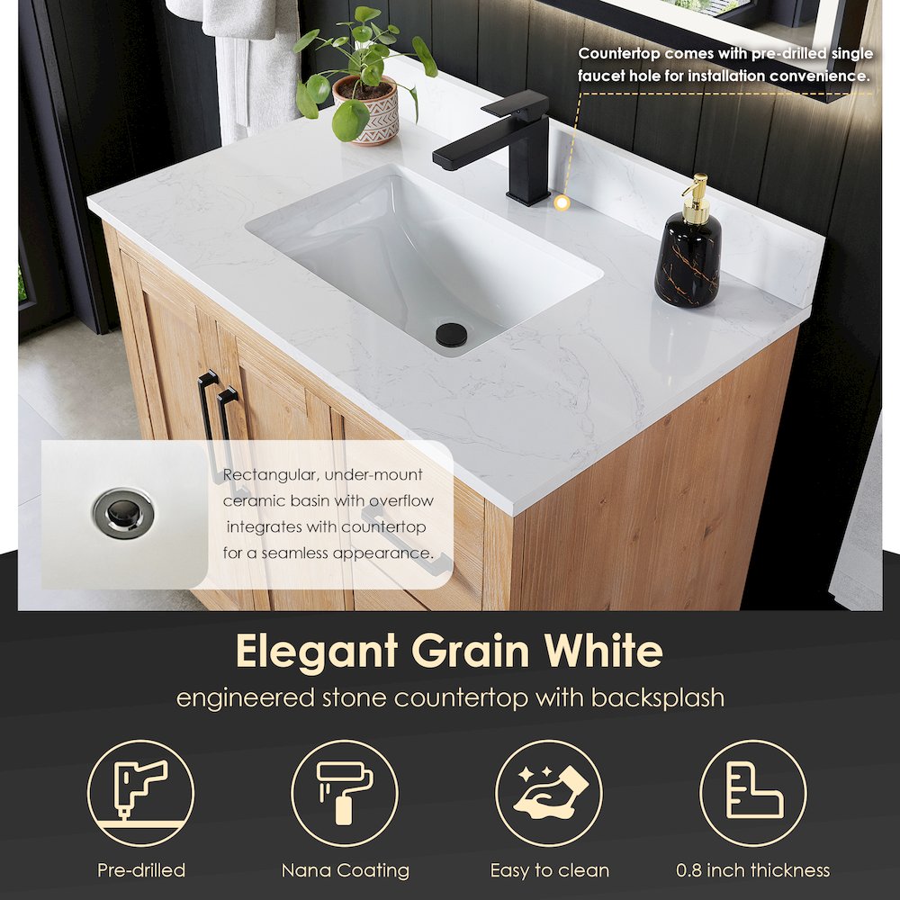36" Single Bathroom Vanity with Grain White Countertop with Mirror. Picture 8