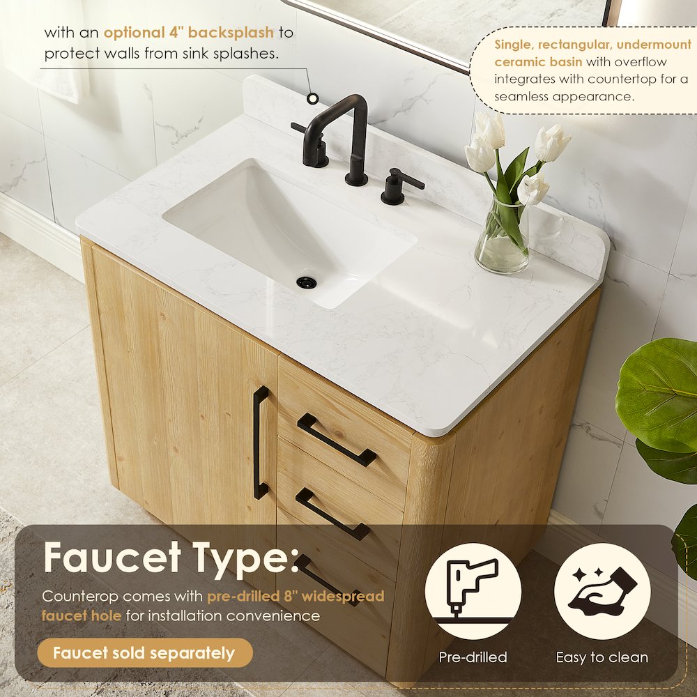 36" Single Bathroom Vanity in Nature Brown with Grain White. Picture 7