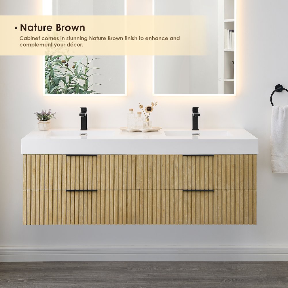 Double Bathroom Vanity in Nature Brown White Artificial Drop-in Sink. Picture 4