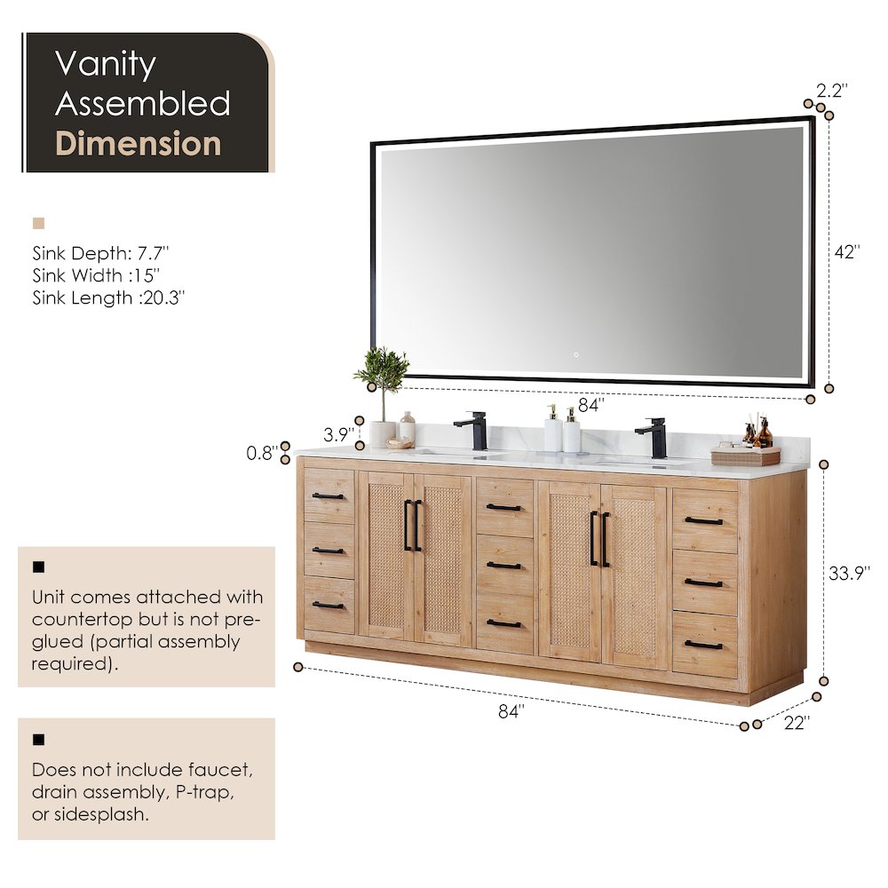 84" Double Bathroom Vanity with Calacatta White Quartz Countertop with Mirror. Picture 10