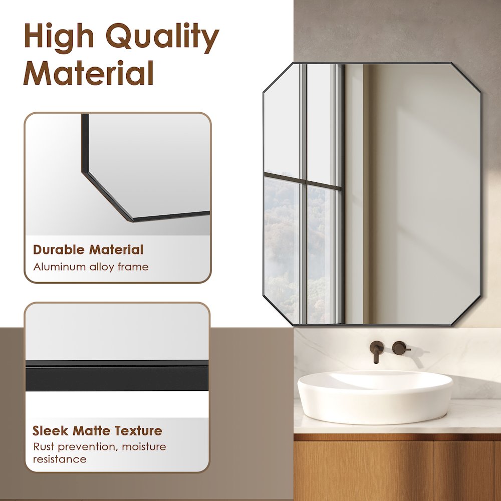 36"x30" Octagon Aluminum Framed in Matte Black Modern Bathroom Wall Mirror. Picture 5