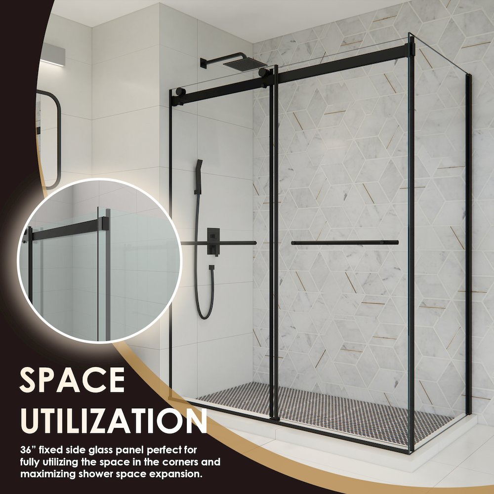 Frameless Exposed Roller Shower Enclosure in Matte Black with Clear Glass. Picture 11