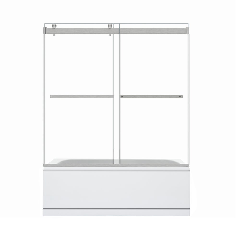 By Pass Frameless Tub Door in Brushed Nickel with Clear Glass. Picture 1