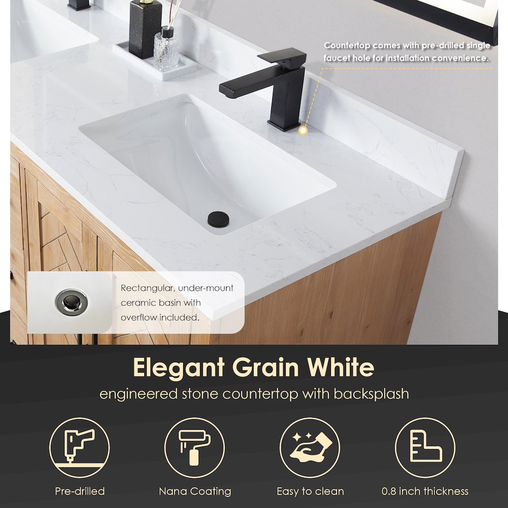 60" Double Bathroom Vanity with Grain White Countertop without Mirror. Picture 6