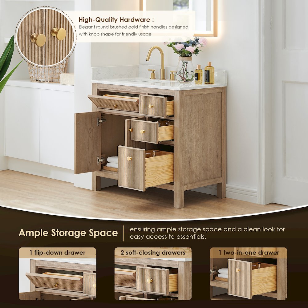 Single Bathroom Vanity in Nature Oak Grain White Engineered Stone Countertop. Picture 9