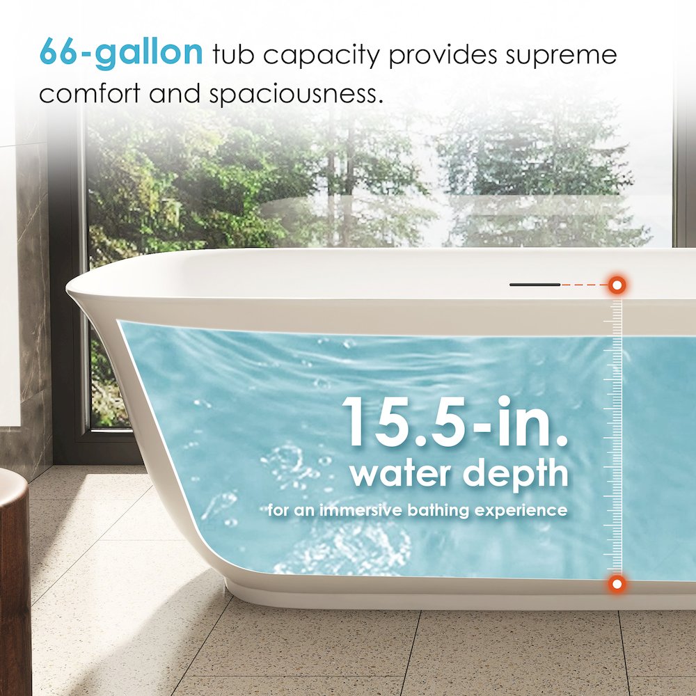 67" x 32" Flatbottom Freestanding Acrylic Soaking Bathtub in Glossy White. Picture 16