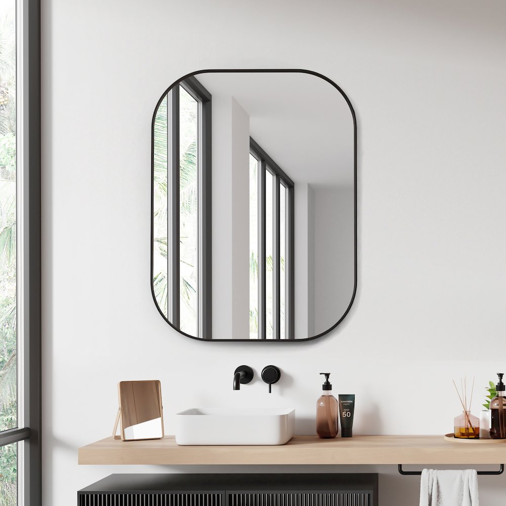 24x32" Rectangular Aluminum Framed in Matte Black Modern Bathroom Wall Mirror. Picture 4