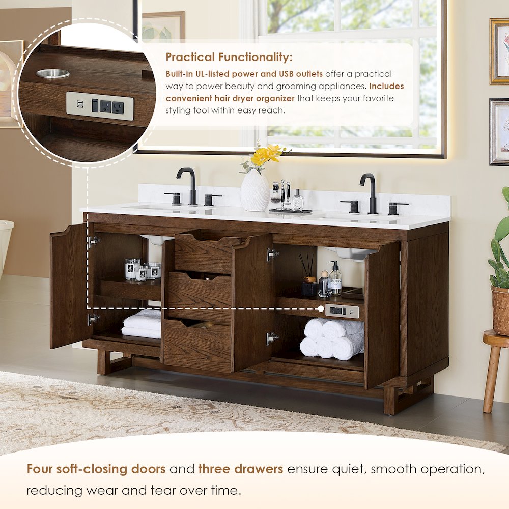 72" Double Bathroom Vanity in Brown Brushed Oak with Grain White. Picture 8