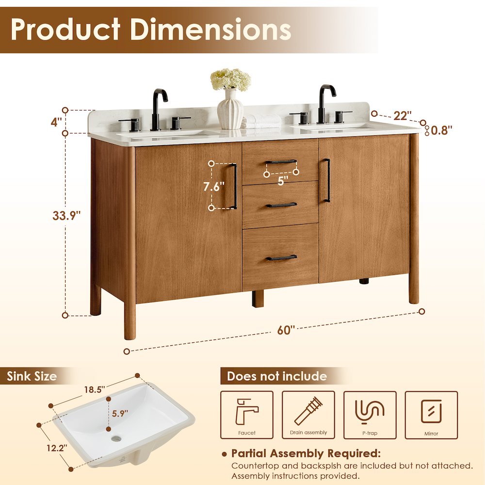 60" Double Bathroom Vanity in Mango Brown with Grain White. Picture 13