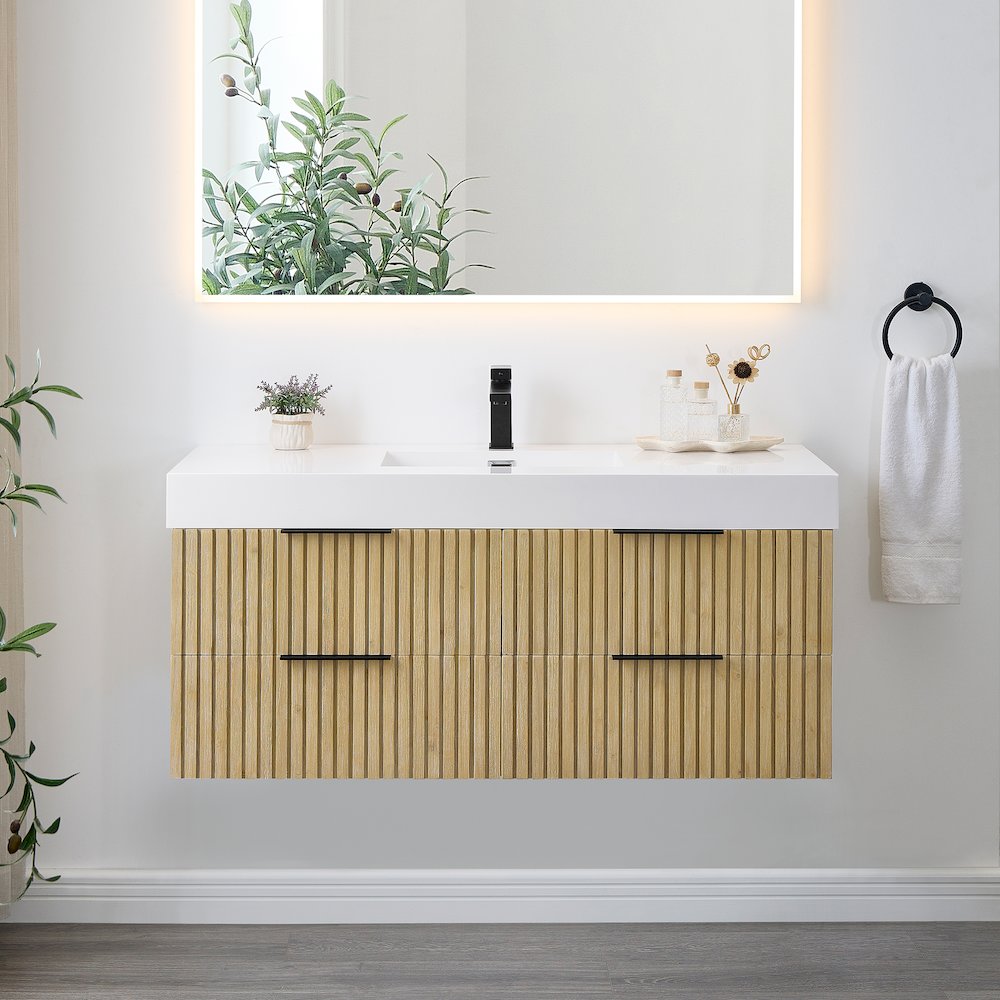 Single Bathroom Vanity in Nature Brown White Artificial Drop-in Sink. Picture 2