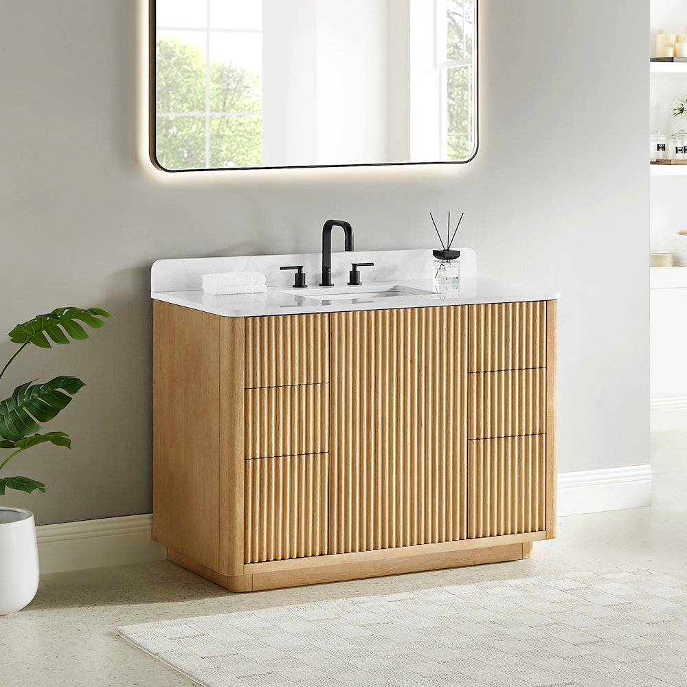 48" Single Bathroom Vanity in Washed Light Brown with Grain White. Picture 4