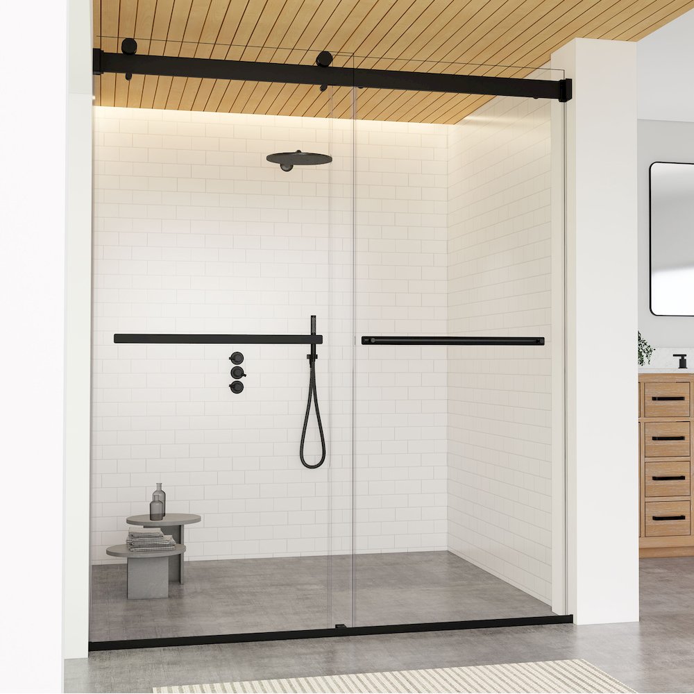 By Pass Frameless Shower Door in Matte Black with Clear Glass. Picture 4