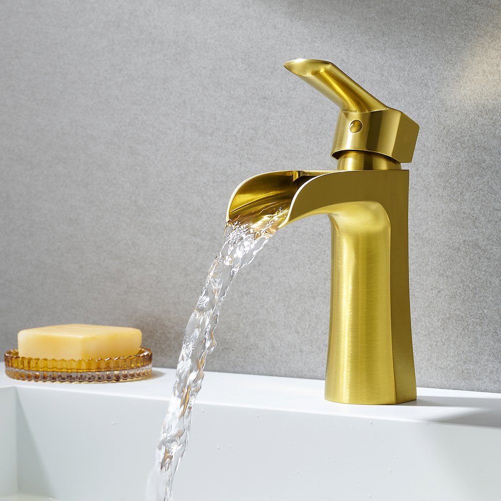 Single Hole Single-Handle Waterfall Bathroom Faucet in Brushed Gold. Picture 3