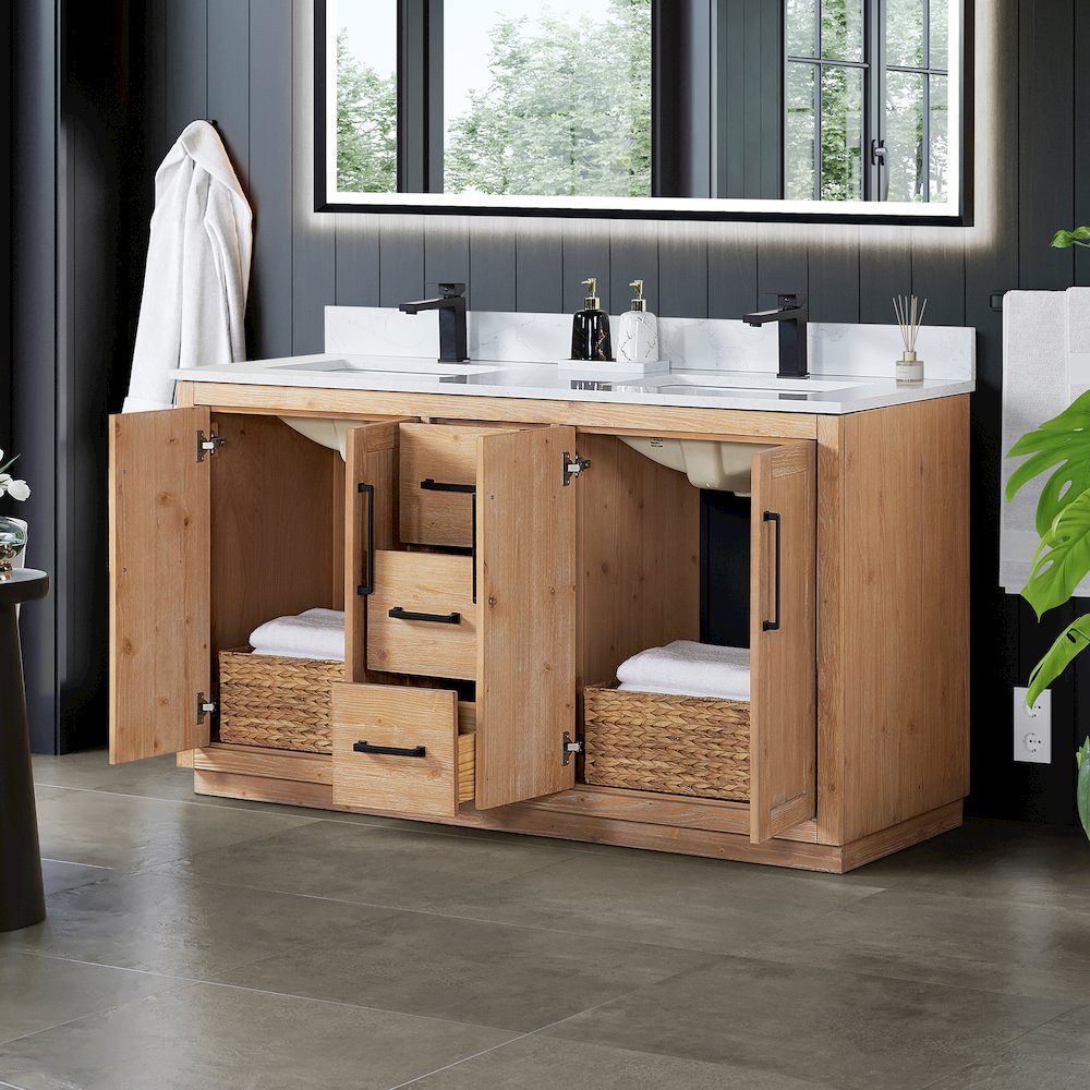60" Double Bathroom Vanity with Grain White Countertop without Mirror. Picture 4