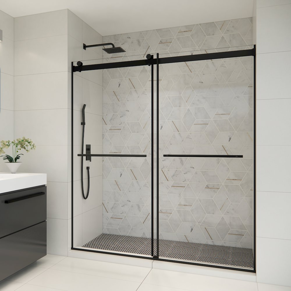 Frameless Exposed Roller Shower Door in Matte Black with Clear Glass. Picture 4