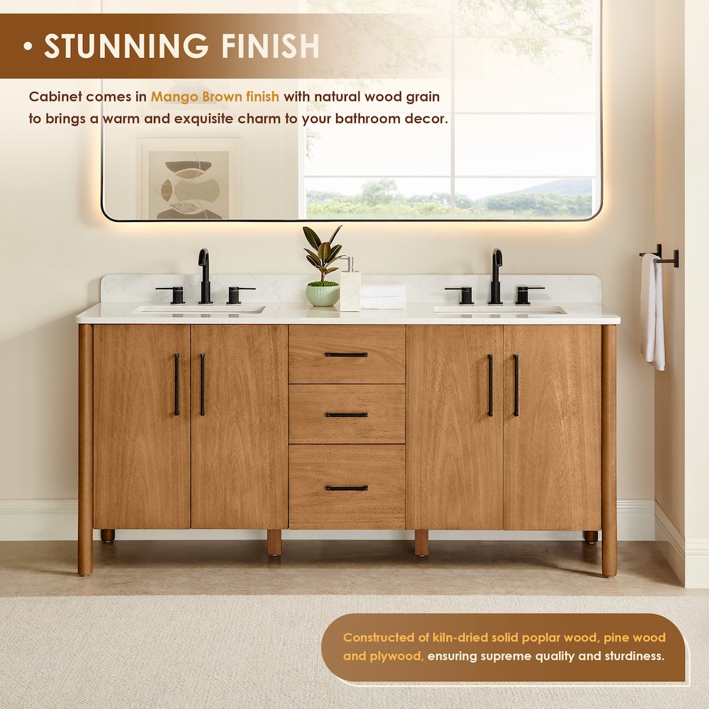 72" Double Bathroom Vanity in Mango Brown with Grain White. Picture 5