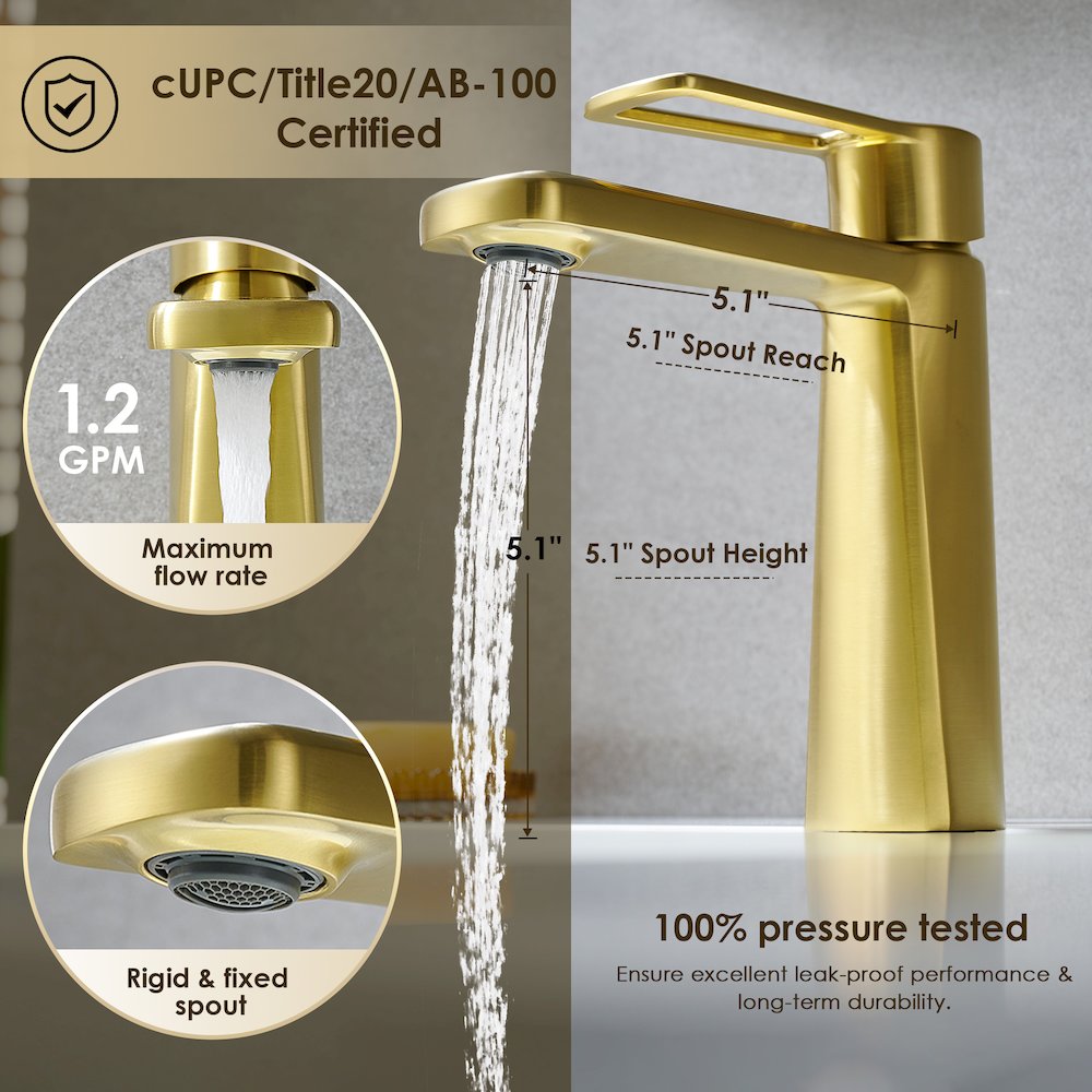 Single Hole Single-Handle Bathroom Faucet in Brushed Gold. Picture 10