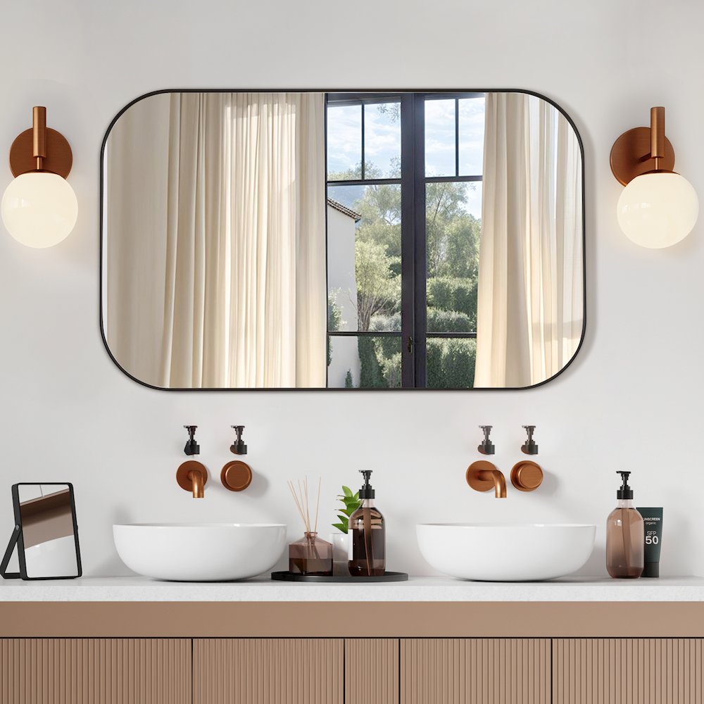 48x30" Rectangular Aluminum Framed in Matte Black Modern Bathroom Wall Mirror. Picture 6