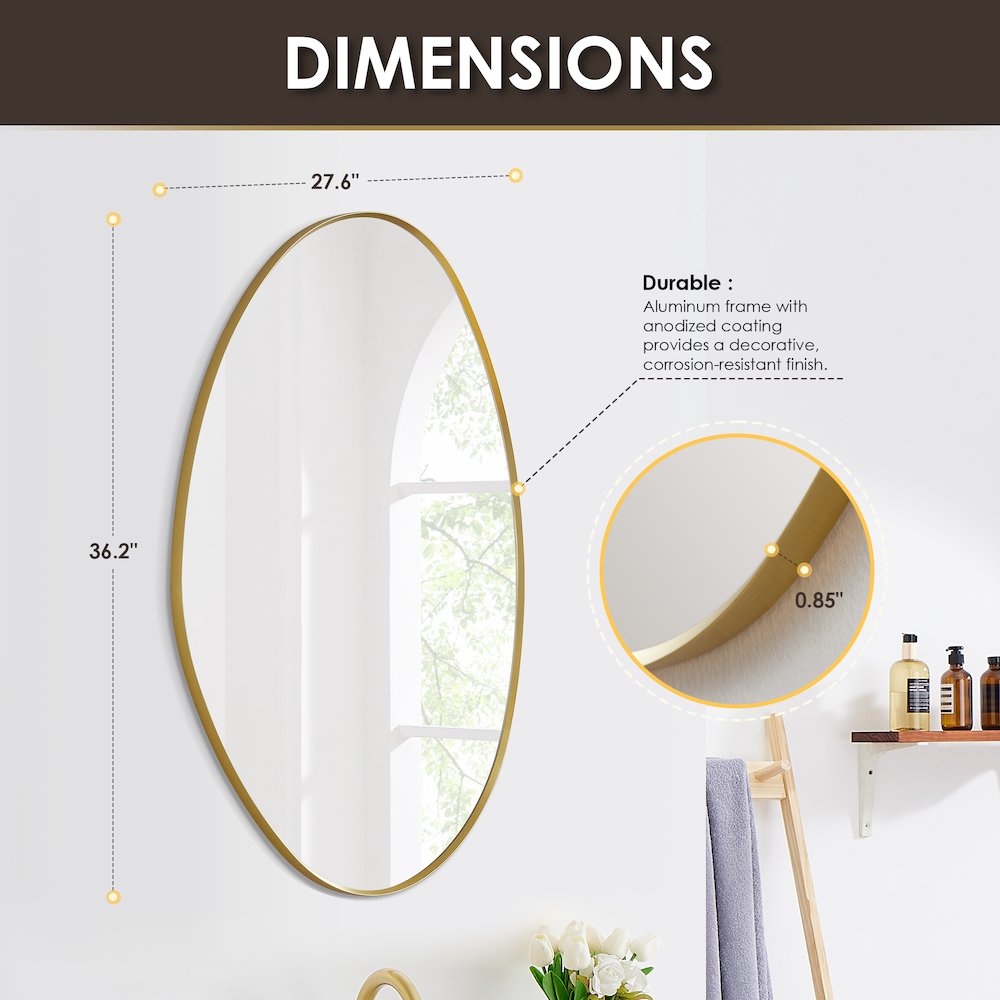 28"x36" Irregular Aluminum Framed in Brushed Gold Modern Bathroom Wall Mirror. Picture 12