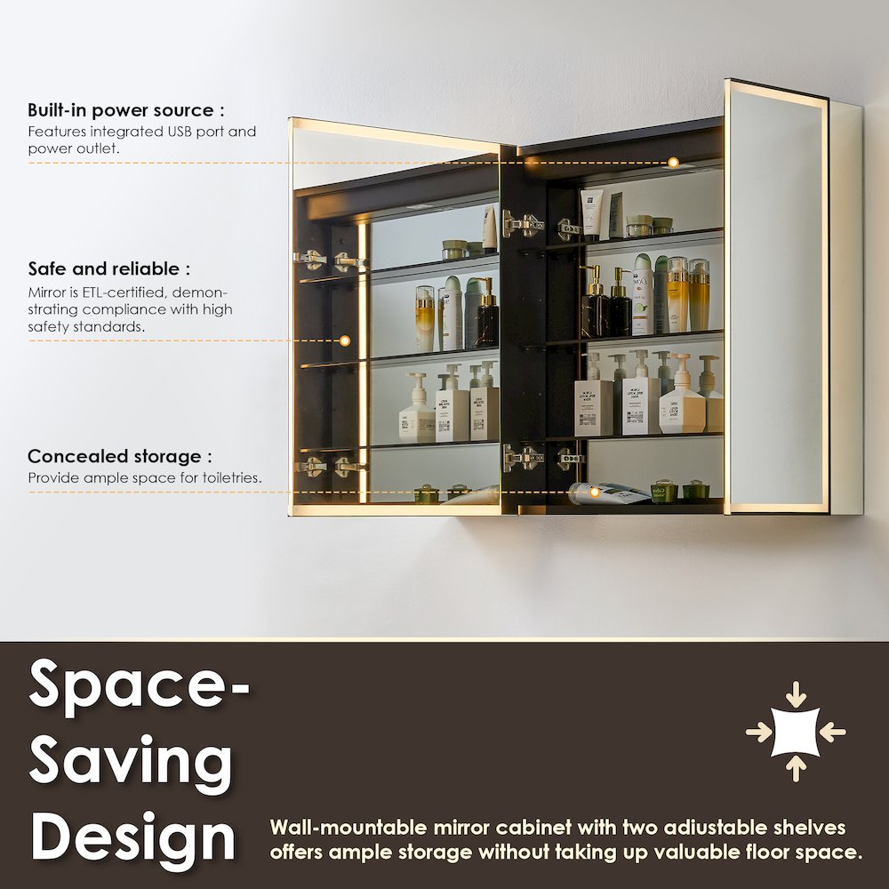48"x32" Rectangular Bathroom Black Aluminum Mirror Medicine Cabinet. Picture 14