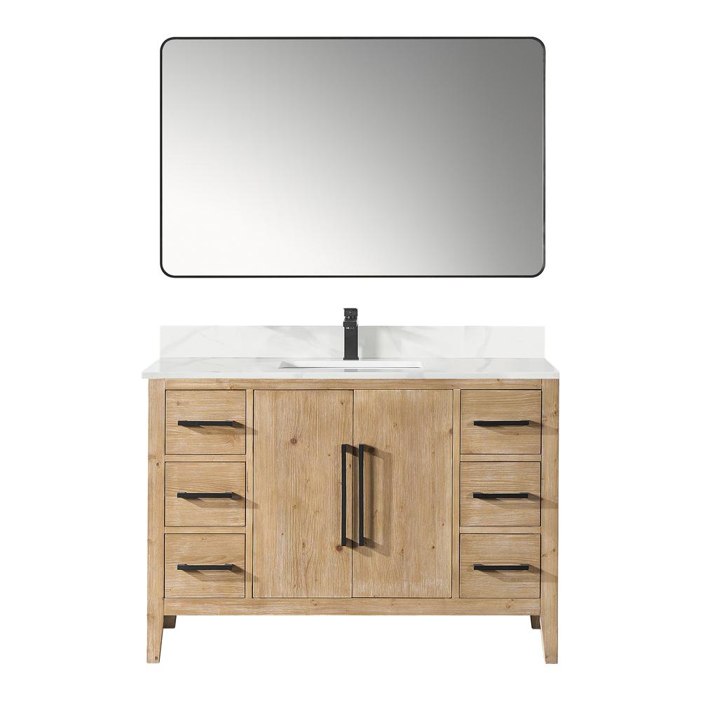 Single Bathroom Vanity in Weathered Fir with Stone Countertop with Mirror. Picture 1