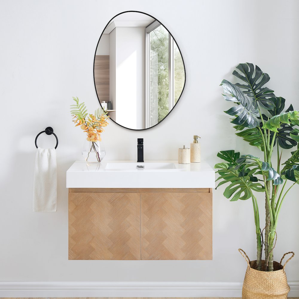 28"x36" Irregular Aluminum Framed in Matte Black Modern Bathroom Wall Mirror. Picture 16