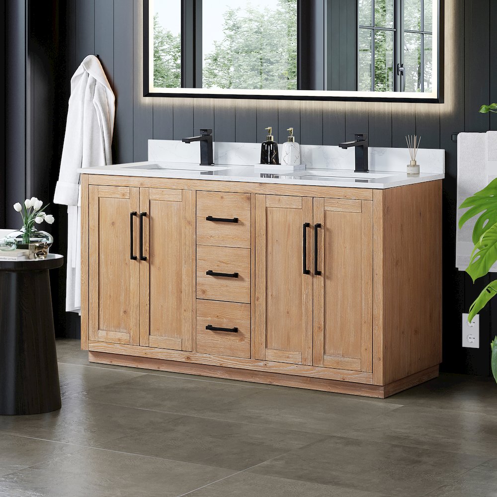 60" Double Bathroom Vanity with Grain White Countertop without Mirror. Picture 2
