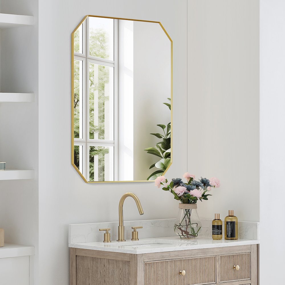 36"x30" Octagon Aluminum Framed in Brushed Gold Modern Bathroom Wall Mirror. Picture 3